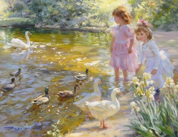 小さな女の子とアヒル ガチョウ 子供 子供 Oil Paintings